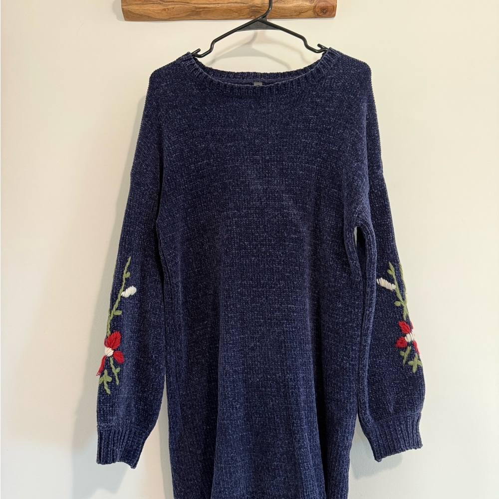 Alya Navy Sweater Dress with Floral Sleeve Embroidery